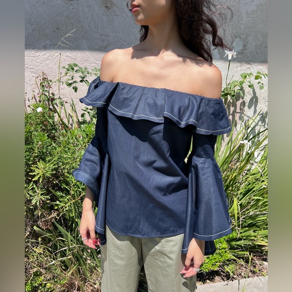 Ina Off Shoulder Top Navy Oversized Sleeves Size S - Picture 1 of 11